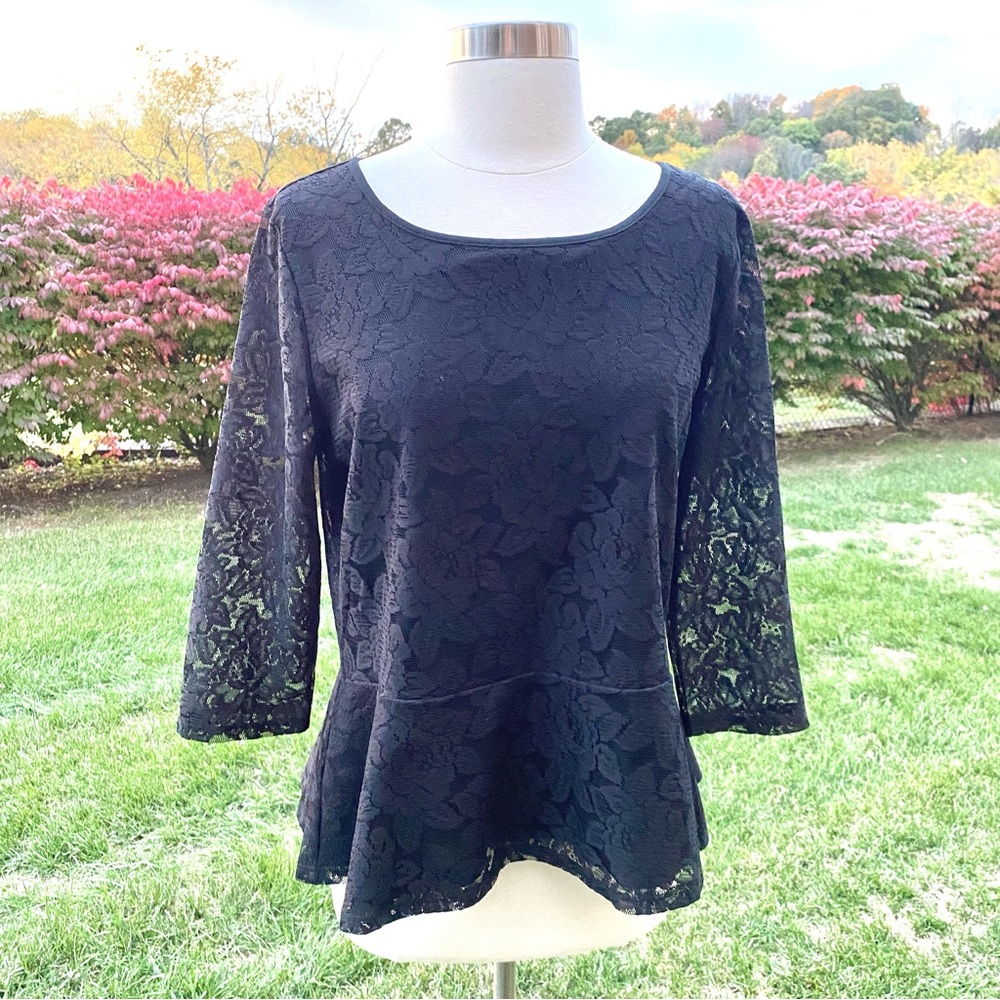 Loft Black Peplum Ruffle Hem Black Lace Petite Top